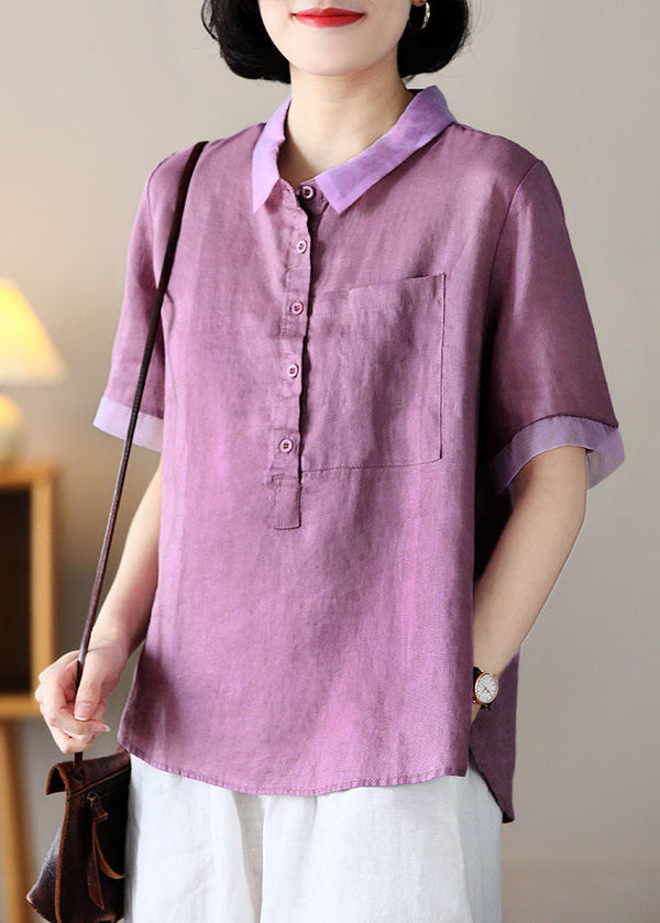 Plus Size Purple Peter Pan Collar Patchwork Linen Shirt Tops Short Sleeve