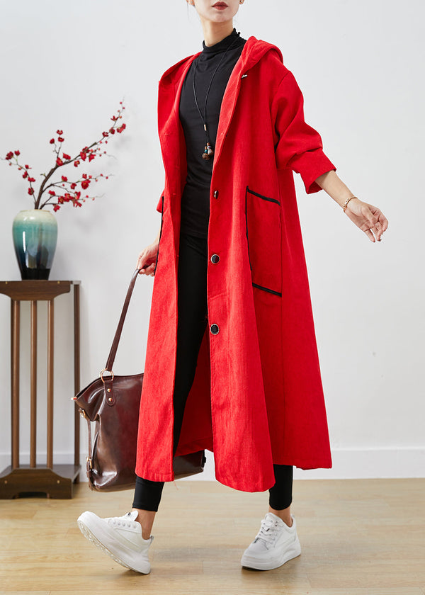 Plus Size Red Hooded Big Pockets Corduroy Trench Coat Fall