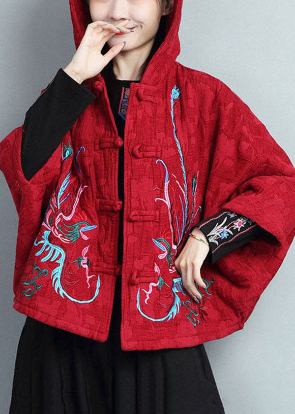 Plus Size Red Hooded Embroidered Warm Fleece Coat Batwing Sleeve