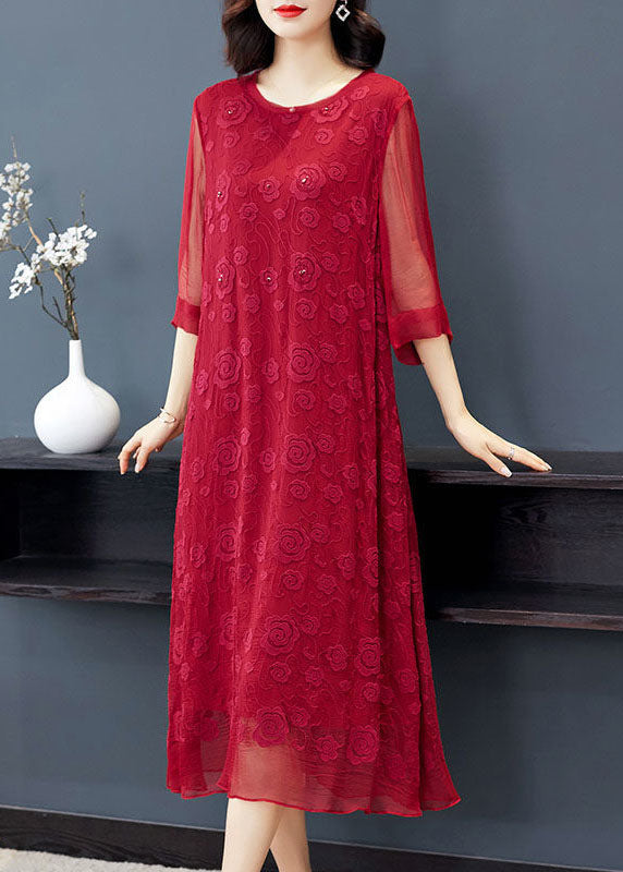 Plus Size Red O-Neck Embroidered Silk Dresses Long Sleeve