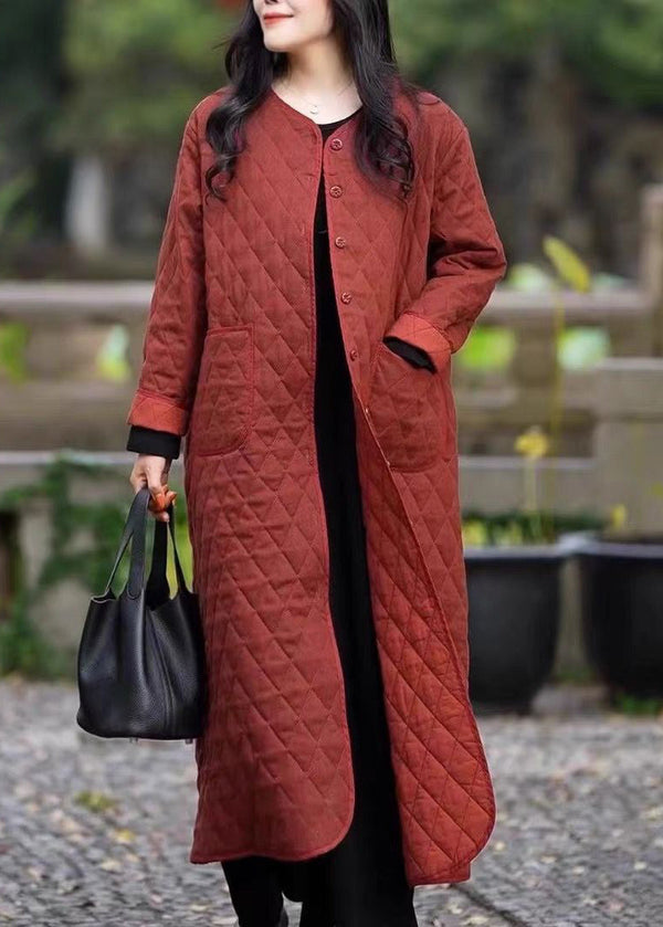 Plus Size Red O Neck Pockets Fine Cotton Filled Coat In Winter