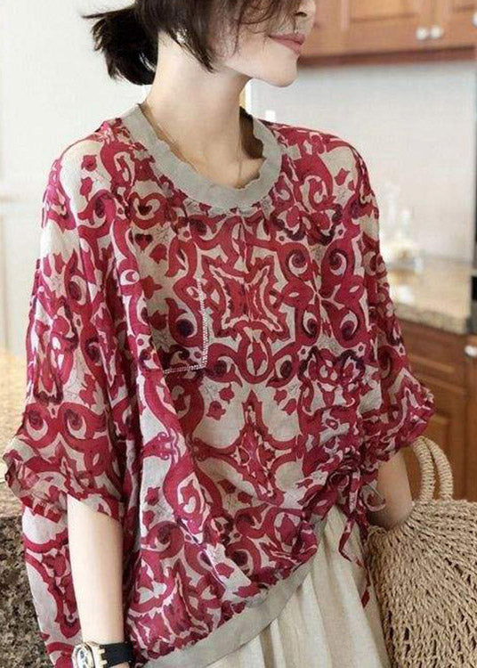 Plus Size Red O-Neck Print Chiffon Top Long Sleeve