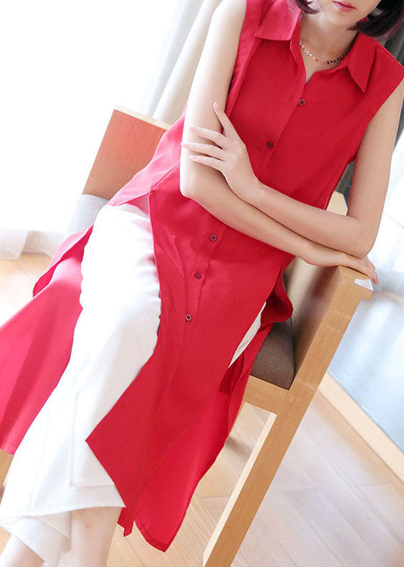 Plus Size Red Peter Pan Collar Side Open Chiffon Long Shirts Sleeveless