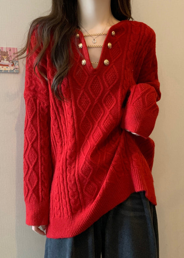 Plus Size Red V Neck Thick Cable Knit Sweaters Winter