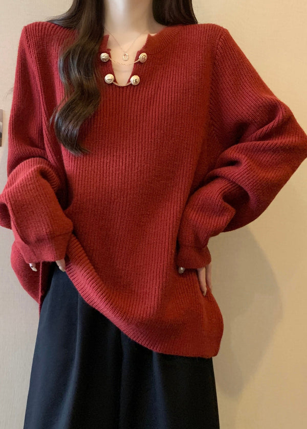 Plus Size Red V Neck Thick Warm Knit Sweaters Winter