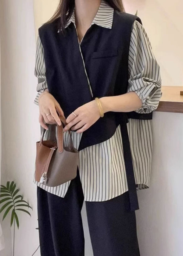 Plus Size Striped Asymmetrical Button Cotton Shirt Long Sleeve