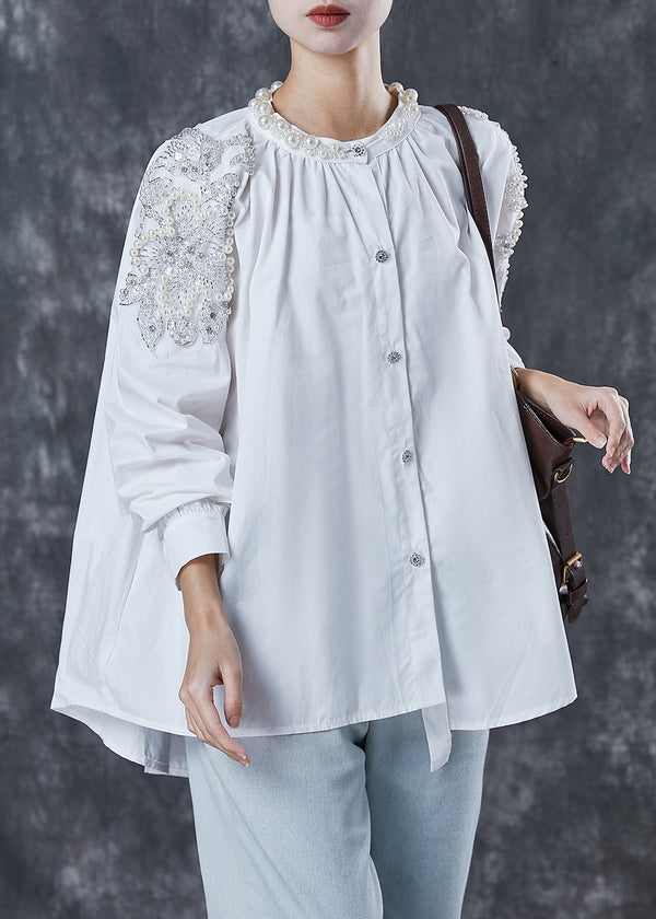 Plus Size White Oversized Nail Bead Cotton Shirts Spring