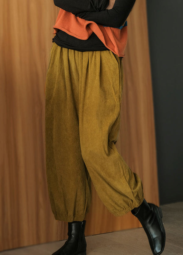 Plus Size Yellow Elastic Waist Corduroy Harem Pants Fall