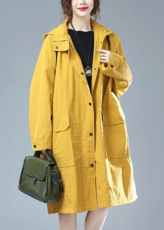 Plus Size Yellow Hooded Print Pockets Patchwork Cotton Trench Coat Fall