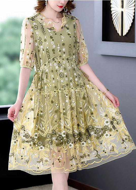 Plus Size Yellow Ruffled Embroidered Tulle Party Dress Summer