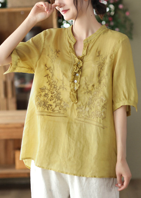 Plus Size Yellow V Neck Embroidered Linen T Shirt Short Sleeve