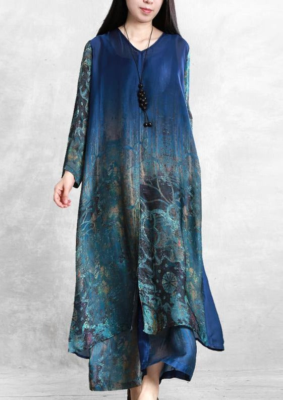 Plus Size Loose-blend Silk Blue V-neck Shirt + Wide-leg Pants Two Pieces