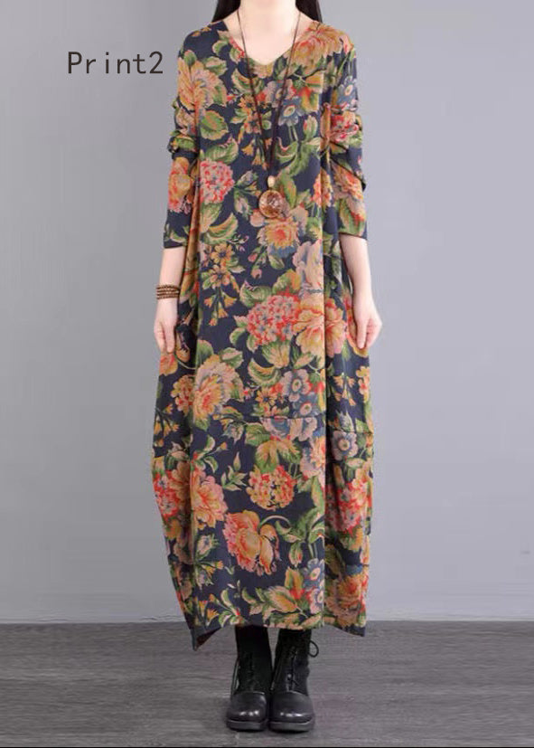 Print Patchwork Loose Cotton Long Dress V Neck Fall