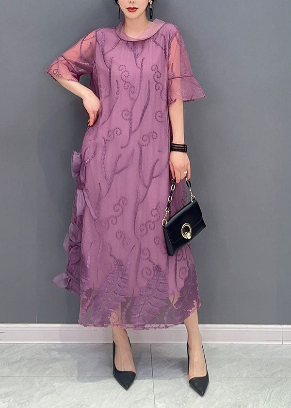 Purple Floral Tulle Long Dress Embroidered Summer