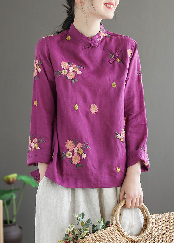 Purple Linen Chinese Style Blouses Embroidered Oriental Button Long Sleeve