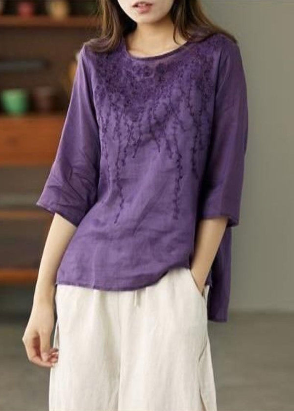 Purple Low High Design Patchwork Linen Tops Embroidered Half Sleeve