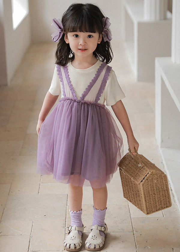 Purple O-Neck Tulle Girls Vacation Mid Dresses Short Sleeve