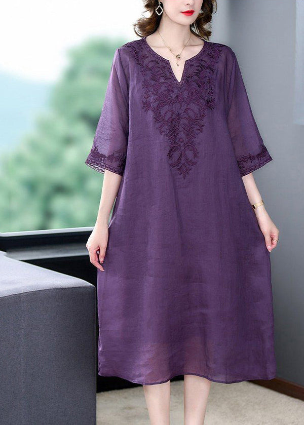 Purple Oversized Linen Silk Dress V Neck Embroidered Summer