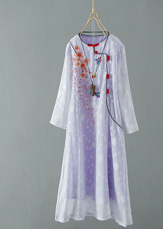 Purple Patchwork Chiffon Dresses Embroidered Chinese Button Spring