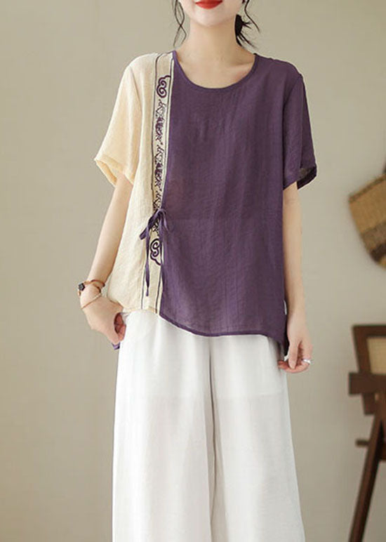 Purple Patchwork Cotton Blouses Embroidered Lace Up Summer