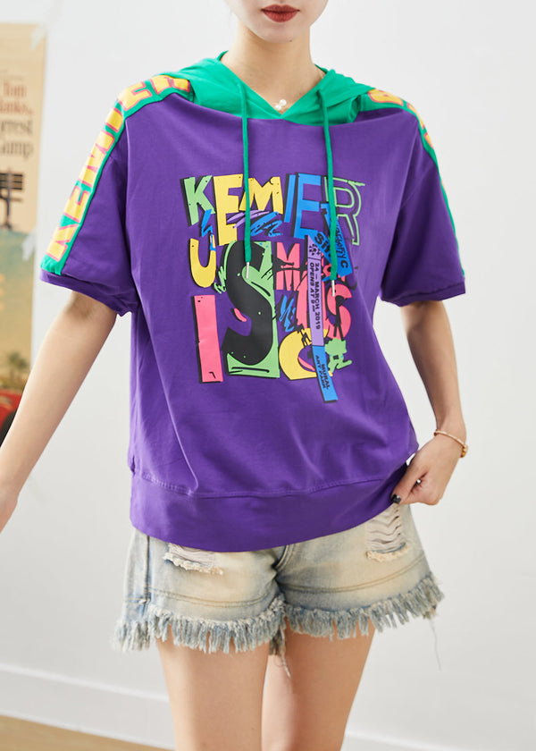 Purple Patchwork Cotton Sweatshirts Top Hooded Print Summer