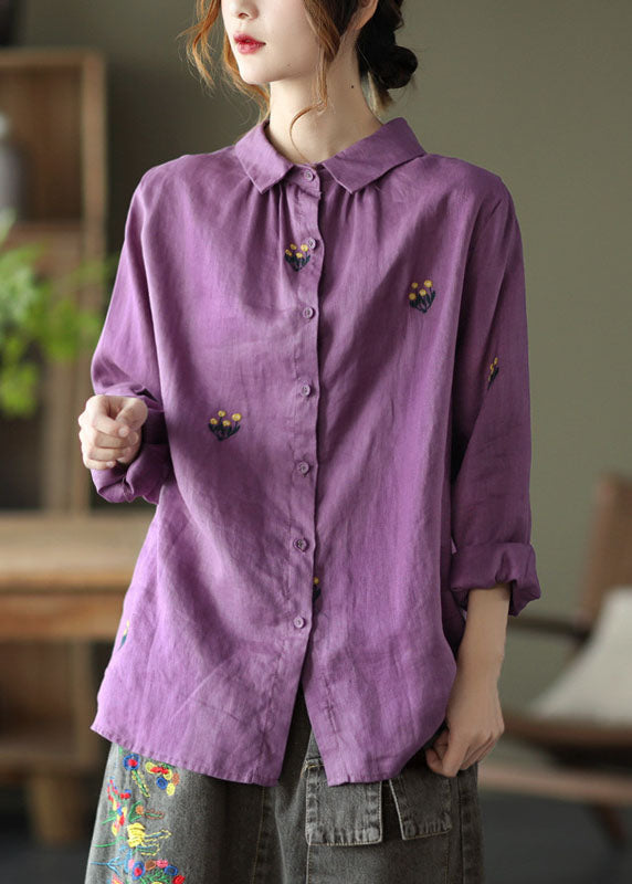 Purple Patchwork Linen Shirts Peter Pan Collar Embroidered Spring