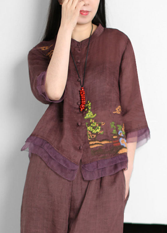 Purple Patchwork Linen Tops Embroidered Button Stand Collar Summer