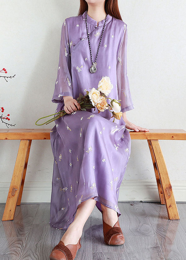 Purple Patchwork Silk Dresses Embroidered Stand Collar Summer