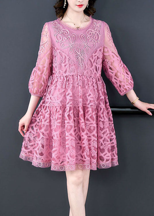 Purple Patchwork Tulle Dress Embroidered O-Neck Summer