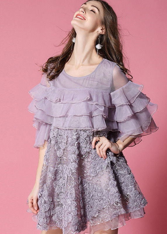 Purple Patchwork Tulle Mid Dress Ruffled Hollow Out Half Sleeve