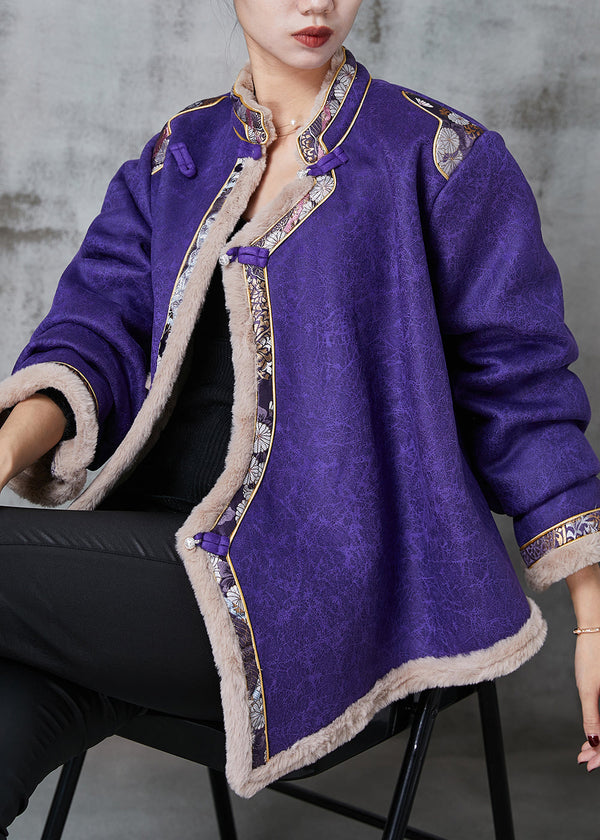 Purple Patchwork Warm Fleece Oriental Coat Mandarin Collar Spring