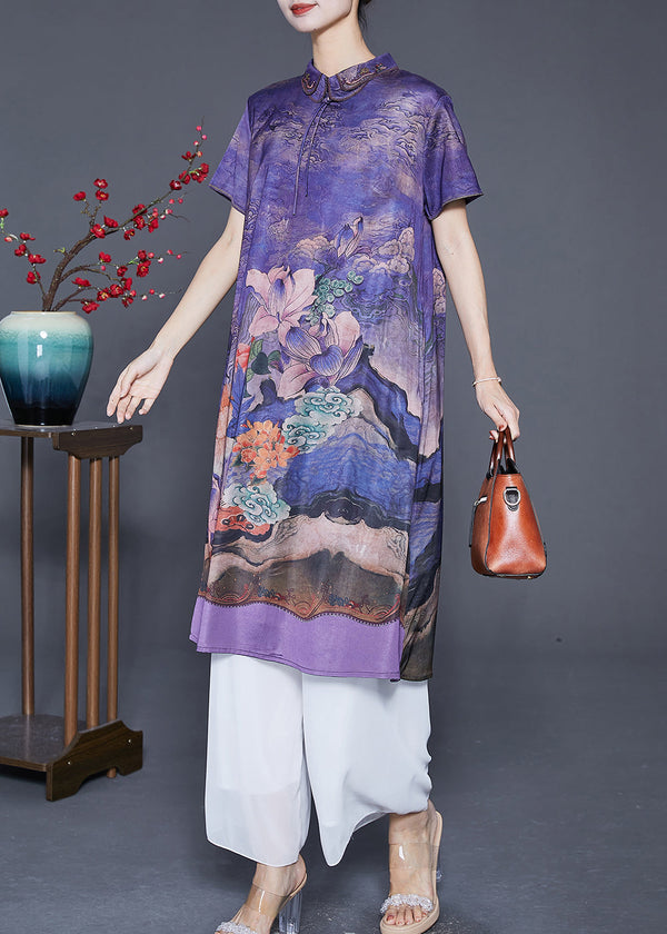 Purple Print Silk Long Dress Turn-down Collar Tassel Summer