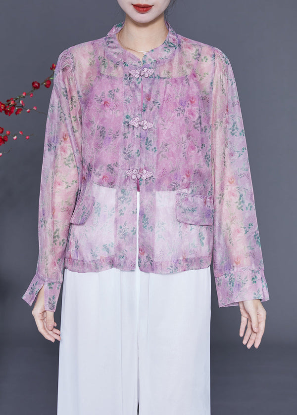 Purple Print Tulle Shirt Two Pieces Set Stand Collar Chinese Button Summer