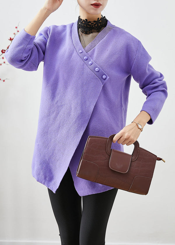 Purple Warm Knit Sweaters Asymmetrical Button Winter