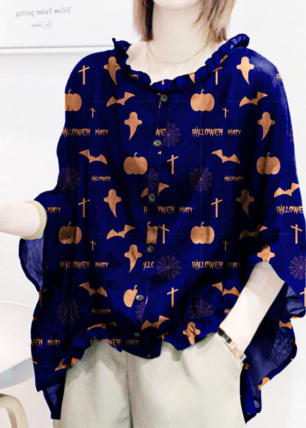 Art dark blue-pumpkin Tops Ruffles Trim Half Sleeve Shirts Blouse Plus Size