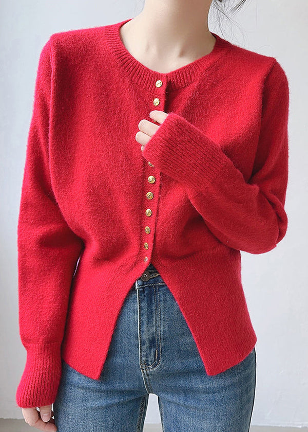 Red Cozy Patchwork Cotton Knit Top O Neck Long Sleeve