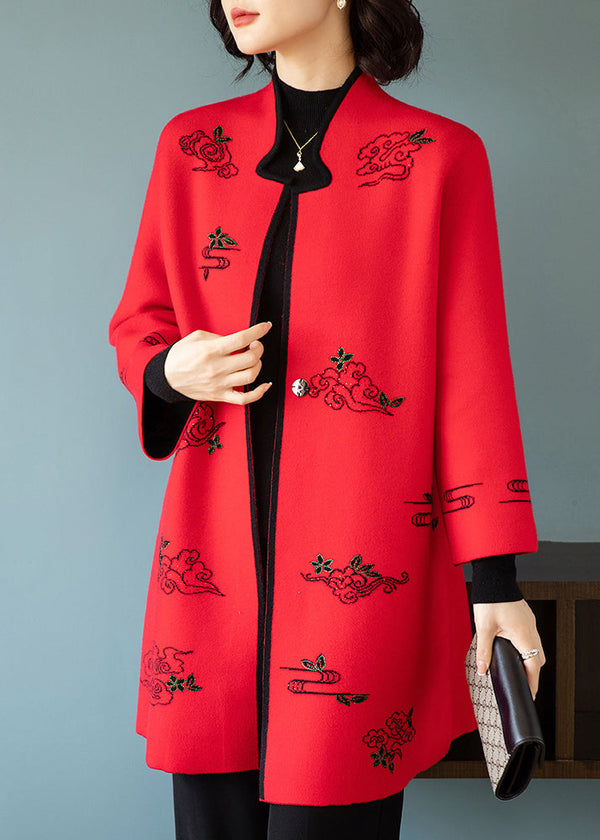 Red Embroidered Stand Collar Patchwork Wool Coats Stand Collar Long Sleeve