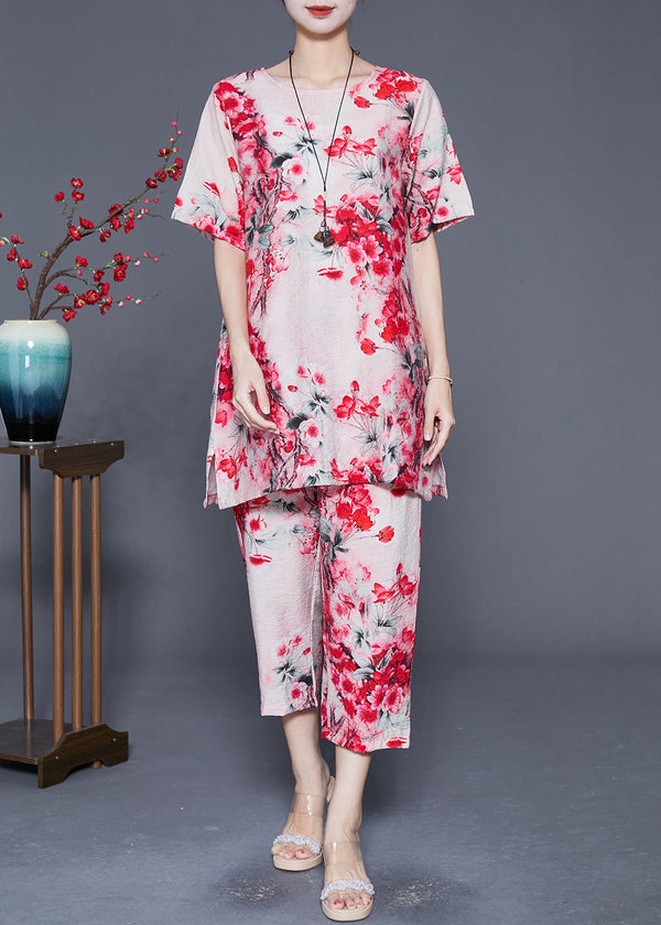 Red Floral Linen Silk Women Sets 2 Pieces Oversized Summer