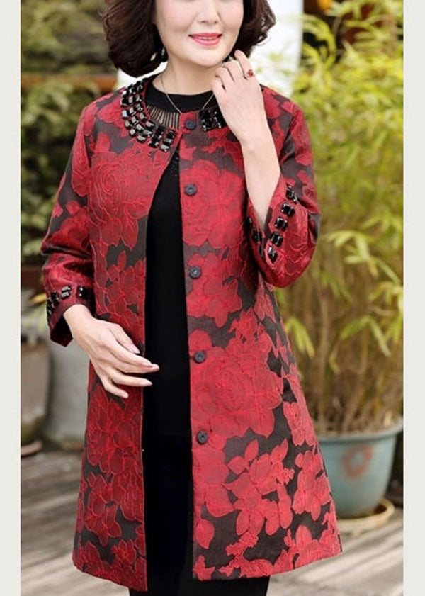 Red Jacquard Spandex Coat Outwear O-Neck Bracelet Sleeve