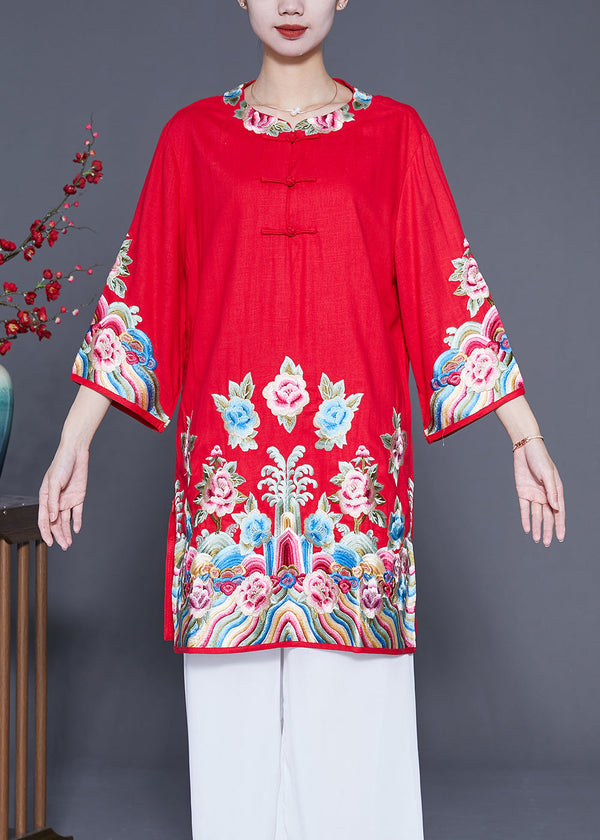 Red Linen Shirt Tops Embroidered Chinese Button Summer