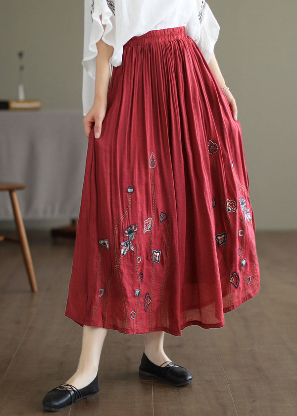 Red Linen Silk A Line Skirts Embroidered Exra Large Hem Spring