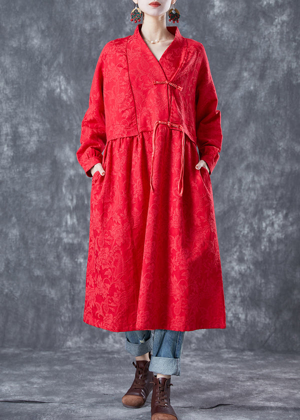 Red Oriental Linen Long Dress Chinese Button Tassel Spring