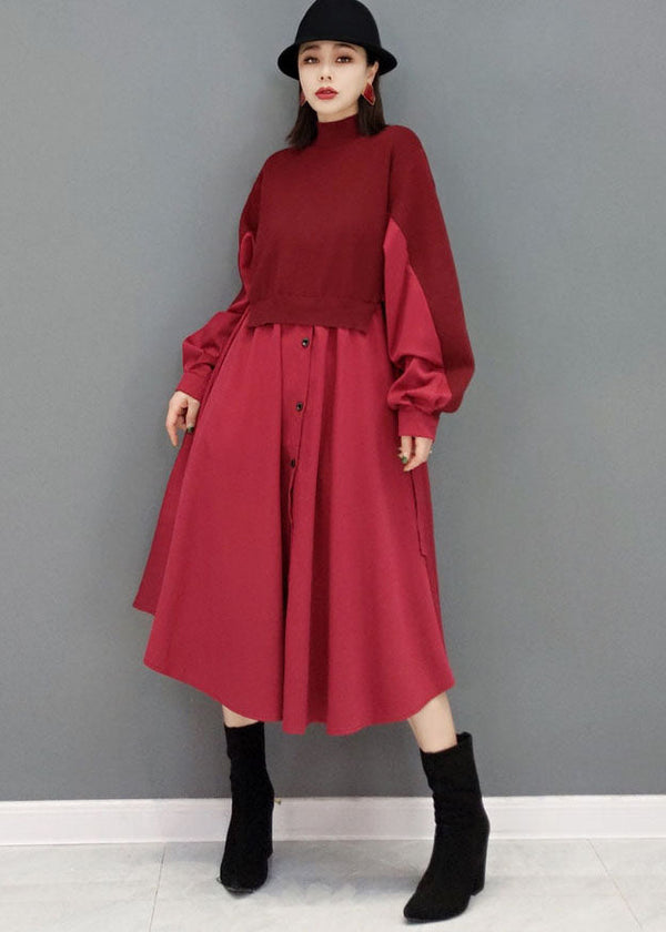 Red Patchwork Knit Cotton Long Dresses Solid Color Button Long Sleeve