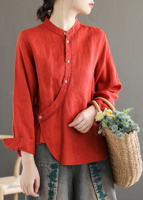 Red Patchwork Linen Chinese Style Tops Stand Collar Long Sleeve