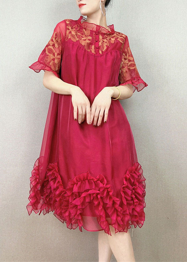 Red Patchwork Tulle Party Dress Embroidered Ruffled Summer