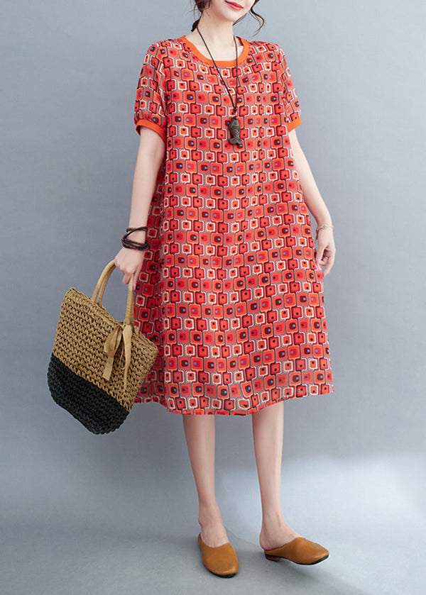 Red Print Chiffon Long Dress O-Neck Oversized Summer