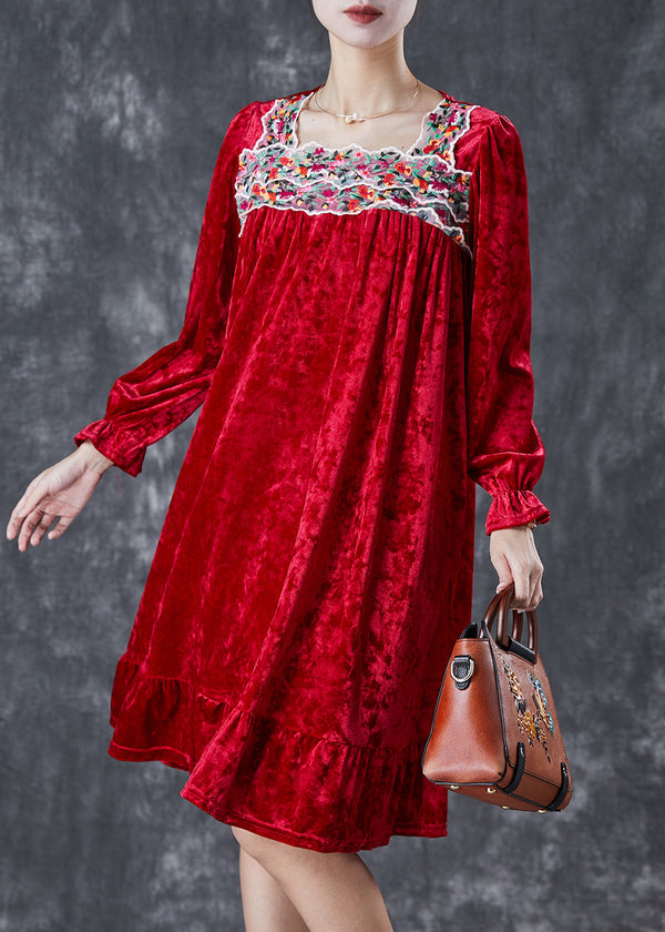 Red Silk Velour Holiday Dress Square Collar Embroidered Fall