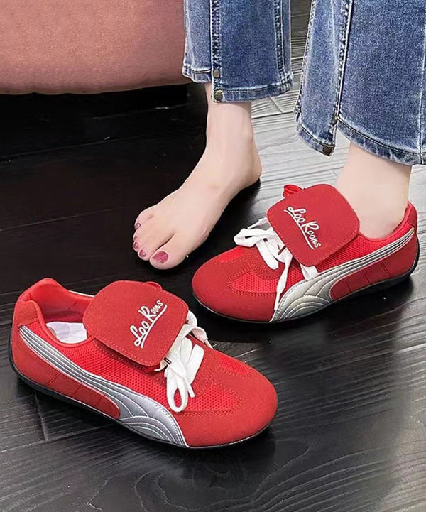 Red Suede Sport Flat Shoes For Women Splicing Lace Up