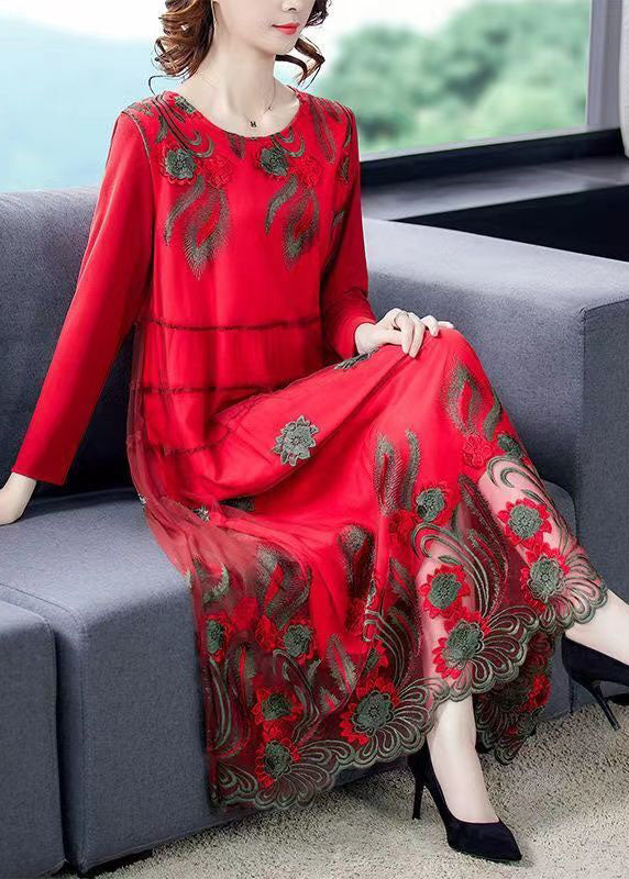 Red Tulle Long Dresses O-Neck Embroidered Spring