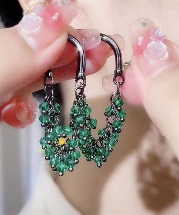 Regular Green Crystal Beading Tassel Hoop Earrings